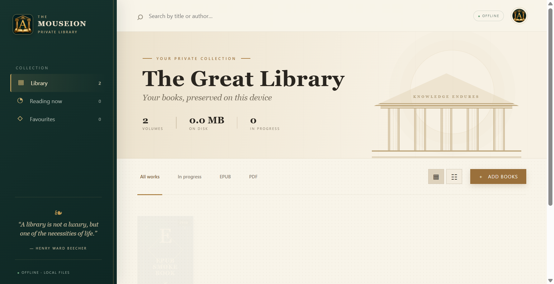 Mouseion private offline library collection interface